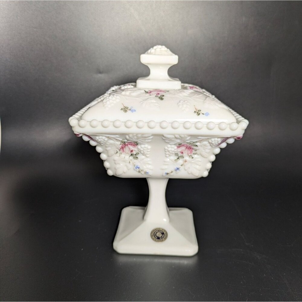 Westmoreland Milk Glass Hobnail Covered Candy Dish Floral Vintage